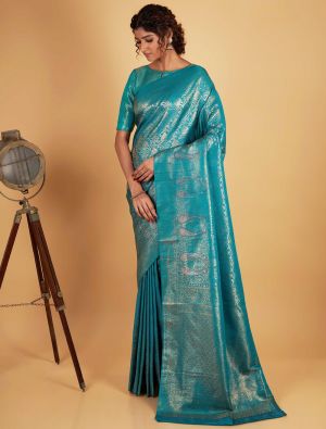 Turquoise Two Tone Kanjivaram Silk Saree