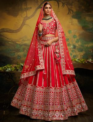 Vivid Red Premium Silk Designer Bridal Lehenga Choli small FABLE20364