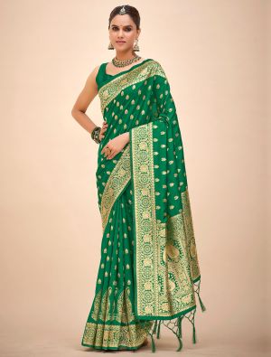 Bright Green Banarasi Silk Saree With Woven Zari