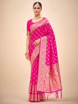 Bright Pink Banarasi Silk Saree With Woven Zari