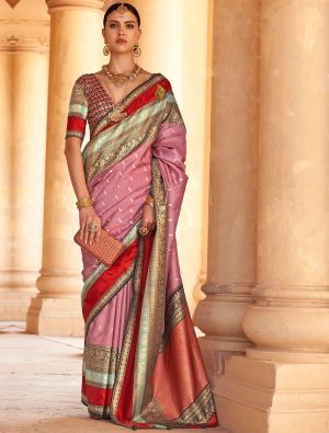 Dusty Pink Patola Silk Woven Saree With Gold Print