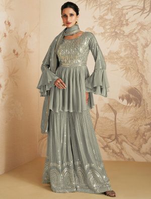 Grey Chinon Semi Stitched Sequined Palazzo Suit small FABSL21583