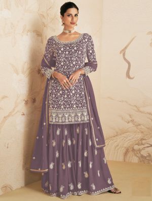 Mauve Georgette Semi Stitched Embroidered Palazzo Suit small FABSL21580