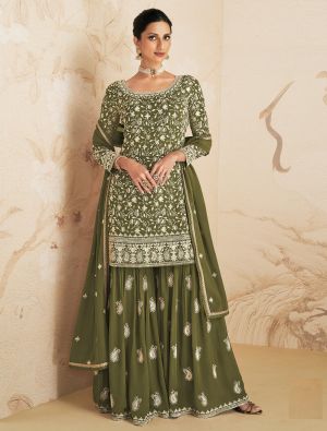 Olive Georgette Semi Stitched Embroidered Palazzo Suit FABSL21579