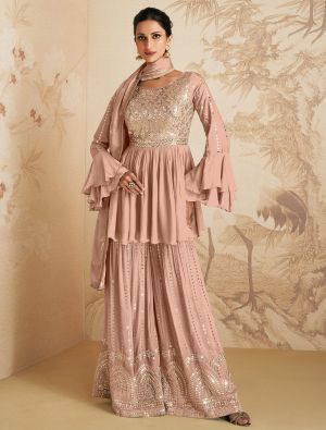 Peach Chinon Semi Stitched Sequined Palazzo Suit small FABSL21585