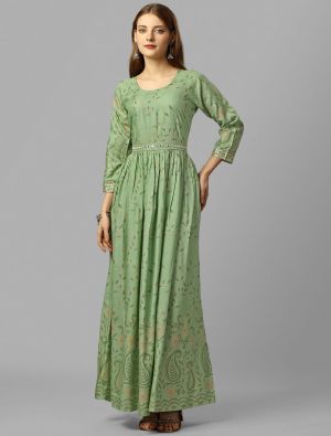 pista green rayon slub ankle length readymade gown   fabgo20250