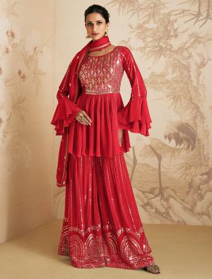 Red Chinon Semi Stitched Sequined Palazzo Suit small FABSL21587