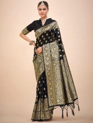 Royal Black Banarasi Silk Saree With Woven Zari