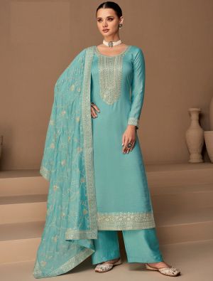 Sky Blue Silk Embroidered Semi Stitched Salwar Kameez small FABSL21561