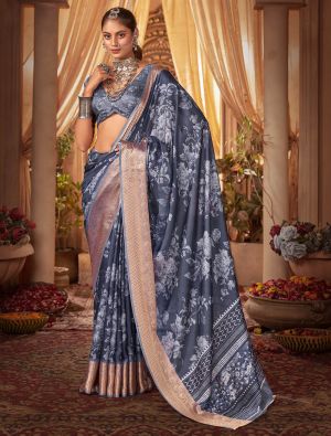 Slate Blue Cotton Silk Digital Printed Party Wear Saree