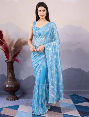 Baby Blue Twill Net Stylish Party Wear Saree