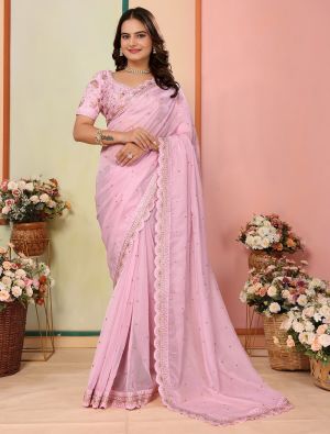 Baby Pink Organza Embroidered Saree