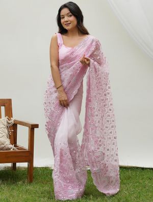 Baby Pink Organza Party Wear Saree With Thread And Sequins