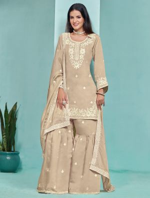 Beige Roman Silk Semi Stitched Sharara Suit small FABSL21981