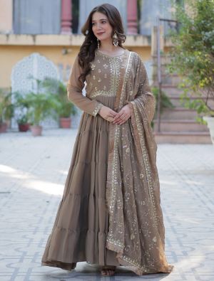 beige star georgette anarkali gown with dupatta fabgo20357