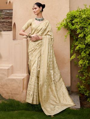 Beige Viscose Silk Saree With Brocade Weaving