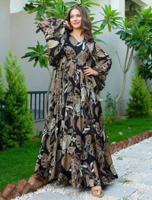 black chinon digital printed flared gown   fabgo20310