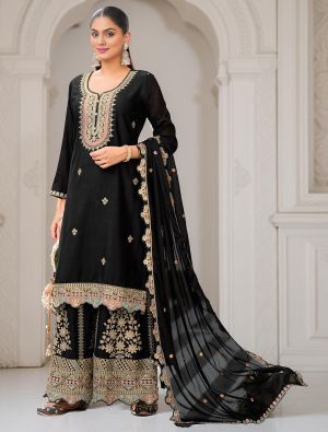 Black Chinon Embroidered Ready To Wear Palazzo Suit FABSL22224