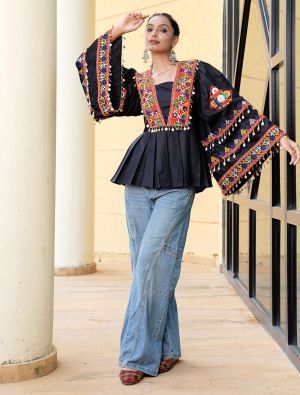 black cotton kutch embroidered festive top fabku21136