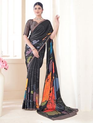 Black Crepe Silk Saree With Digital Print