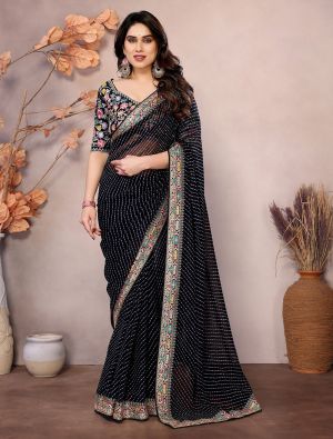 Black Georgette Printed Saree With Embroidery
