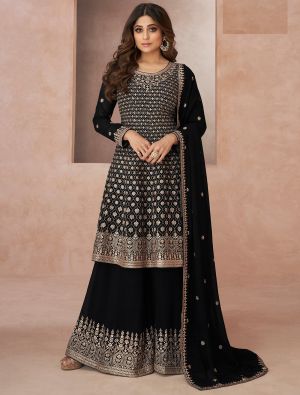 Black Georgette Semi Stitched Embroidered Palazzo Suit small FABSL21623