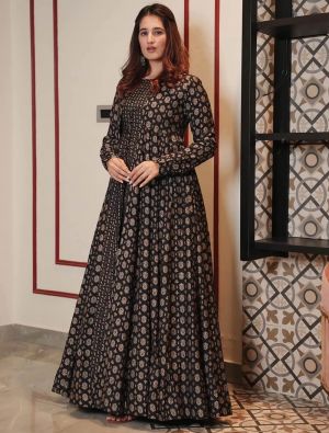 black muslin printed readymade gown with shrug fabgo20263