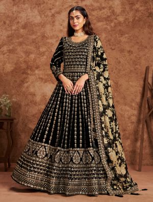 Black Velvet Embroidered Semi Stitched Anarkali Suit small FABSL22053