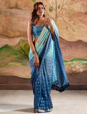 Blue Banarasi Georgette Saree With Zari Woven Motifs