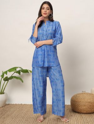 blue cotton casual wear printed co ord set fabku20953