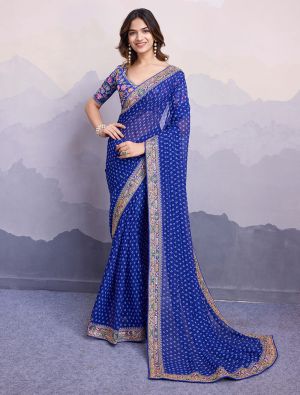 Blue Georgette Saree With Bandhani Print And Embroidery