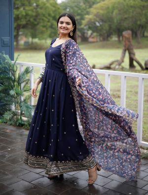 blue georgette zari embroidered readymade gown with dupatta fabgo20268