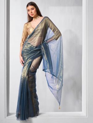 Blue Gold Tissue Net Fancy Party Wear Saree