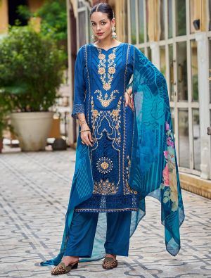 Blue Muslin Salwar Kameez With Resham Embroidery And Cut Work small FABSL22018