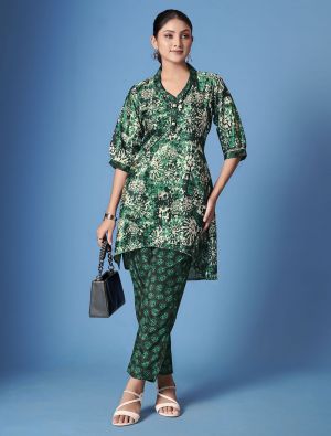 bottle green crepe silk stylish co ord with scarf fabku21085