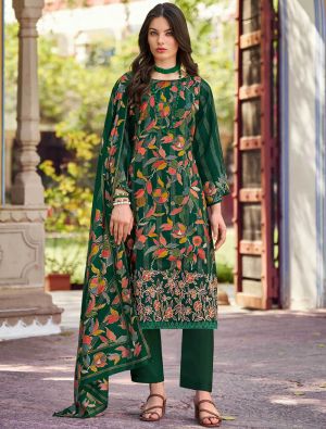 Bottle Green Muslin Floral Printed Ready To Wear Salwar Kameez FABSL22218