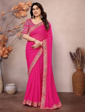 Bright Pink Georgette Printed Saree With Embroidery