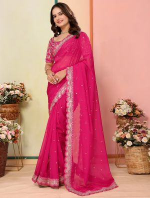 Bright Pink Organza Embroidered Saree