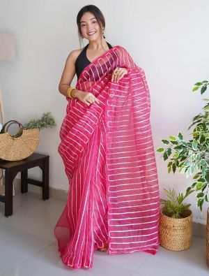 Bright Pink Organza Party Wear Saree With Silver Gota Work