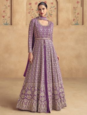 Bright Purple Georgette Pre Stitched Anarkali Suit In 42 Size small FABSL22051