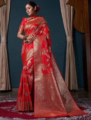 Bright Red Satin Silk Premium Saree With Zari Work
