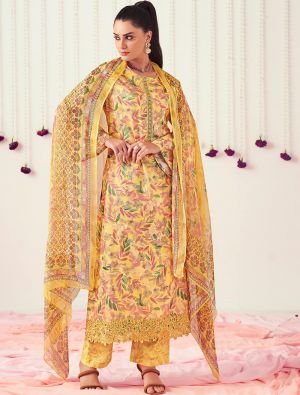 Bright Yellow Pure cotton Salwar Kameez With Crosio Lace small FABSL21606