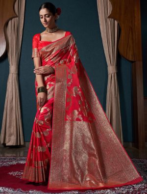 Brilliant Red Satin Silk Premium Saree With Zari Work