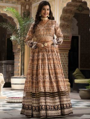 brown dola silk printed readymade gown with dupatta fabgo20259