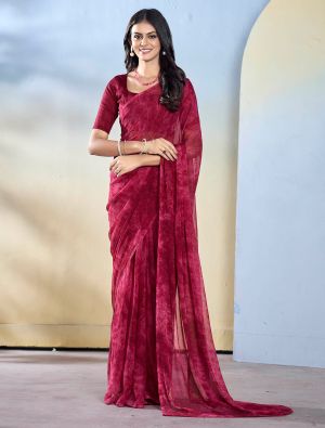 Burgundy Georgette Ready To Wear Saree With Unstitched Blouse