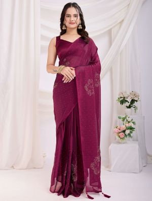 Burgundy Rangoli Silk Ready To Wear Saree With Diamond Work