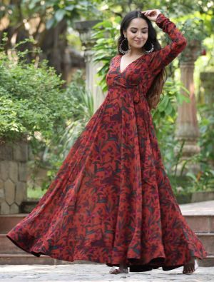 burnt orange georgette printed anarkali kurta fabku21054