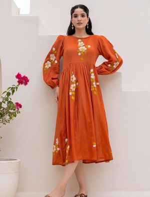 burnt orange kota checks digital printed frock swatch fabku21149