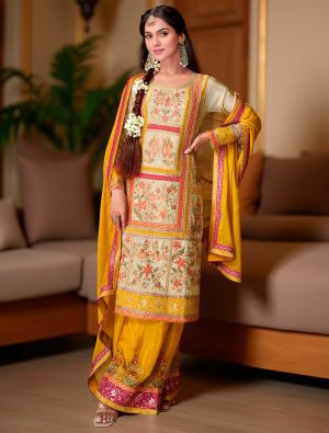Cream And Yellow Chinon Silk Ready To Wear Palazzo Suit FABSL22259