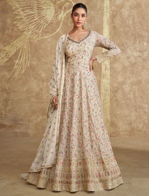 Cream Georgette Pre Stitched Anarkali Suit In 42 Size FABSL22047